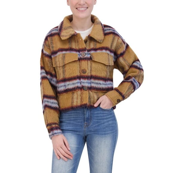 Vigoss M Brushed Plaid Crop Jacket Faux Fur Aztec Western Shacket Chest Pocket - Picture 14 of 16